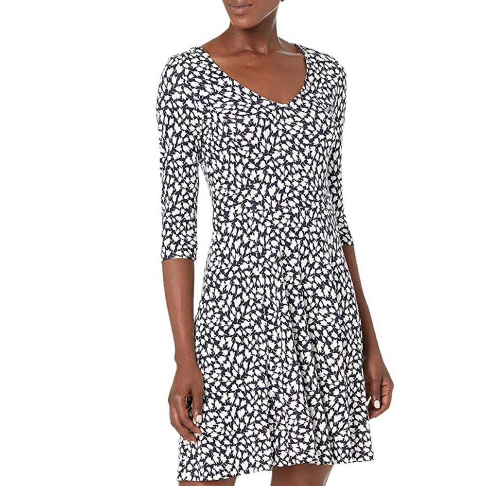 NWOT Lark & Ro 3/4 Sleeve V-Neck Fit and Flare Dress, Navy and White, XS
